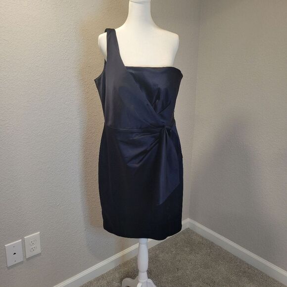 LAUREN Ralph Lauren Satin One-Shoulder Dress Navy Blue Size 14 - Picture 3 of 10
